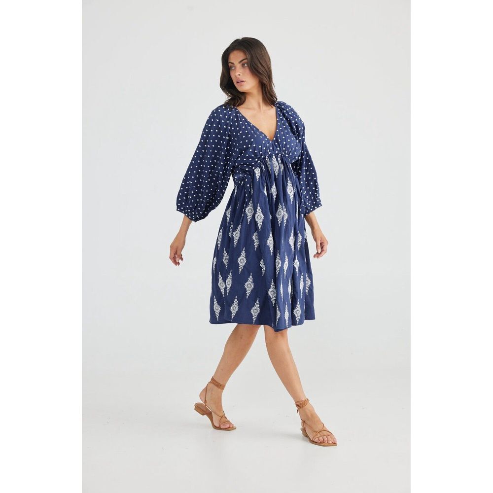 NEW TALISMAN Gaia Dress - Navy Blue with White Embroidery Size XL Bohemian NWT